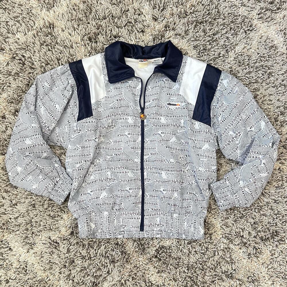 Vintage Ellesse Windbreaker Lined Jacket Blue White Fish Print 80s Men's S XS